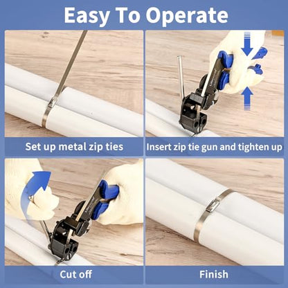 Metal Zip Ties Tool, Stainless Steel Zip Tie Gun with Built-in Cutter, Adjustable Fastening Cutting Zip Tie Tool with 100pcs 11.8in Self-Locking Stainless Steel Zip Ties, Zip Tie Organizer and Gloves