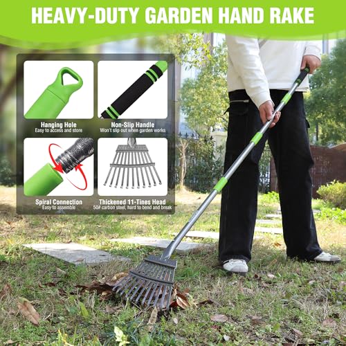 WORKPRO Rake, Small Rake for Leaves with 72” Adjustable Long Handle - size: 11 TINE