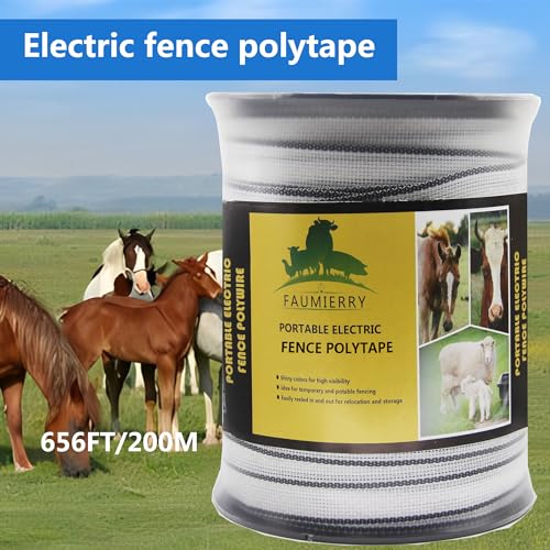 Poly Tape Electric Fence 8 Stainless Steel Conductors - 656 Feet Roll - 1 Inch White and Black Polytape for Animal Fencing Horse Farms or Ranch Electric Fence - size: 1'' x 656ft