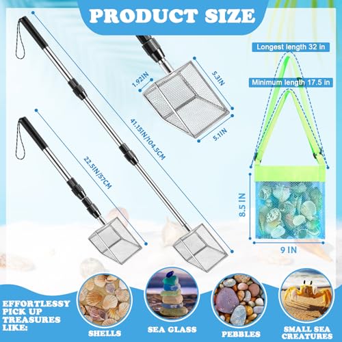 2 Pack Shark Tooth Sifter with 2 Seashell Bags for Beach - size: Long Handle-4Pack