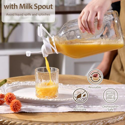 CUCUMI 1 Pack 64 Oz Glass Milk Bottle with Lid | 2 Qt /0.5 Gal Glass Juice Bottles for Almond Milk, Oat/Nut Milk with Exact Scale Lines Handle Extra 1 Silicone Dispenser Cap - color: 1pc-64oz