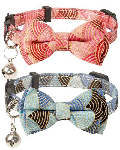 Collar for Cat Pet Breakaway with Bell Bowtie Detachable Bow Adjustable Safety Kitten Puppy Girl Boy 2pcs Kimono-Blue & Pink - color: Kimono-Blue & Pink