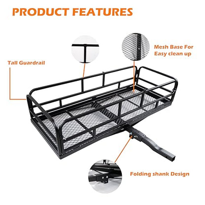 fouwick 60" x 24" x 13" Hitch Cargo Carrier | 600 Lbs Heavy Duty Folding Luggage Rack for SUV & Truck, Steel Mesh Cargo Carrier Hitch Mount Fits 2" Receiver, Powder Coated Vehicle Cargo Basket - color: 60x24x13 inch