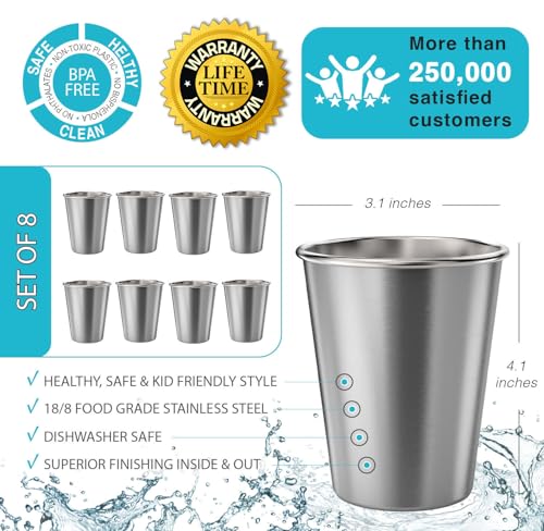 CHILLOUT LIFE Stainless Steel Kids Cups 8 oz - Stainless Steel Small Children Cups for Home & Outdoor Activities, BPA Free Unbreakable Premium Stackable Metal Drinking Glasses (8-Pack) - color: Stainless Steel, style: 8 oz - 8pc