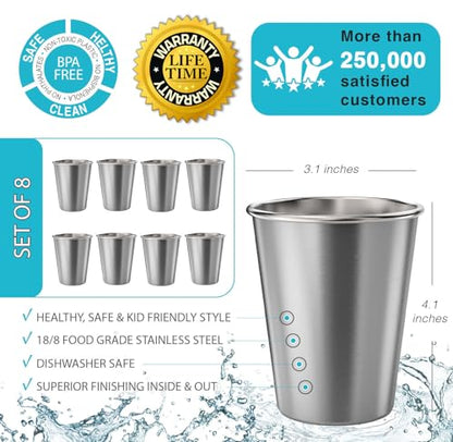 CHILLOUT LIFE Stainless Steel Kids Cups 8 oz - Stainless Steel Small Children Cups for Home & Outdoor Activities, BPA Free Unbreakable Premium Stackable Metal Drinking Glasses (8-Pack) - color: Stainless Steel, style: 8 oz - 8pc