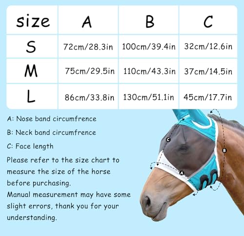 Andiker Soft Mesh Horse Fly Mask with Ears, Breathable Horse Face Mask Protect Eyes and Face (Small, Green) - size: Small