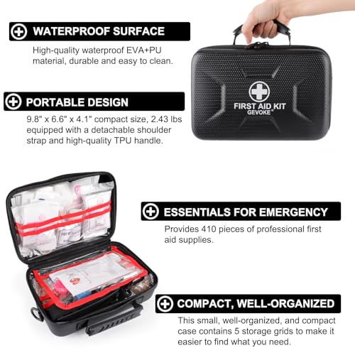 Gevoke 410 Piece Waterproof Hard Shell First Aid Kit, Black | For Home, Car, Travel, Camping, Truck, Hiking, Sports, Office, Vehicle & Outdoor, Emergency Medical Kits - color: Black