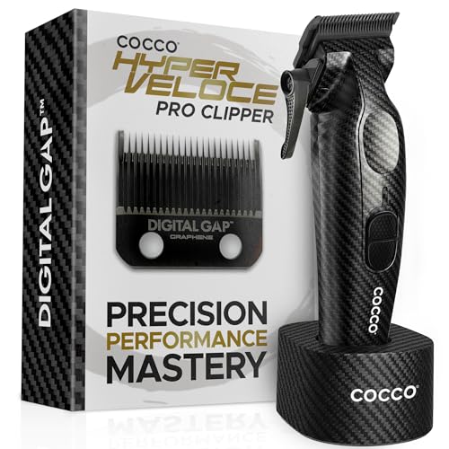 Cocco Hyper Veloce Pro High Performance Cordless Brushless Hair Clipper | Digital Gap Ambassador Graphene Taper Blade, for Professional Barbers, 7200 RPM BLDC Motor, All Metal, Charging Base - color: Carbon Fiber