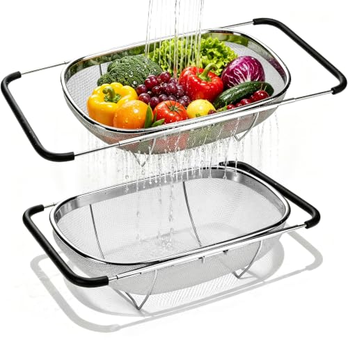 Palksky Over the Sink Colander, Stainless Steel Fine Mesh, 6 Quart 2 Pack - color: 6-Quart Over the Sink Colander 2 PCS