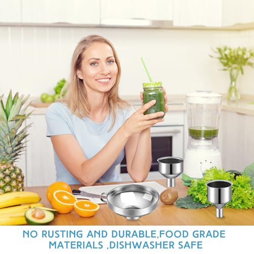 Baderke 17 pcs Stainless Steel Funnel Set Wide Mouth Canning Funnels Metal Mason Jar Funnel with Strainer Kitchen Funnels for Filling Mason Jars Mesh Filter Brushes and Adhesive Hooks, Silver