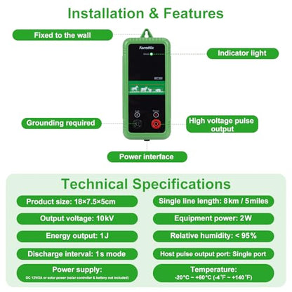 EF-07, 10KV Electric Fence Charger, 5 Miles 1 Joules Pulse Energy