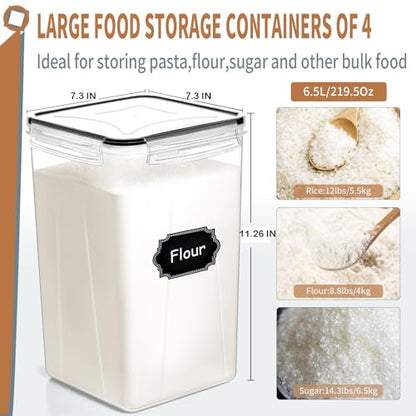 4pcs Large Tall Airtight Food Storage Containers with Lids - 6.5L / 5.9qt - size: 6.5 l