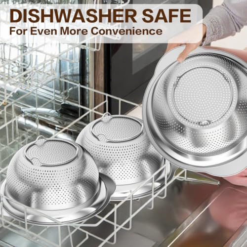 Large Strainers and Colanders, Big Stainless Steel Colanders for Kitchen, Stainless Steel Strainer Set of 3 (7 QT, 6 QT, 5 QT) for Draing Pasta Spaghetti Fruit Vegetable - size: 5+6+7QT