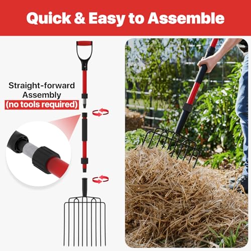 COSITA Pitch Fork for Garden, Wide Pitchfork with 10 Metal Tines, Heavy Duty Garden Fork with Fiberglass Handle 44-Inches, Chicken Coop Pitchforks for Manure, Mulching, Composting, Red