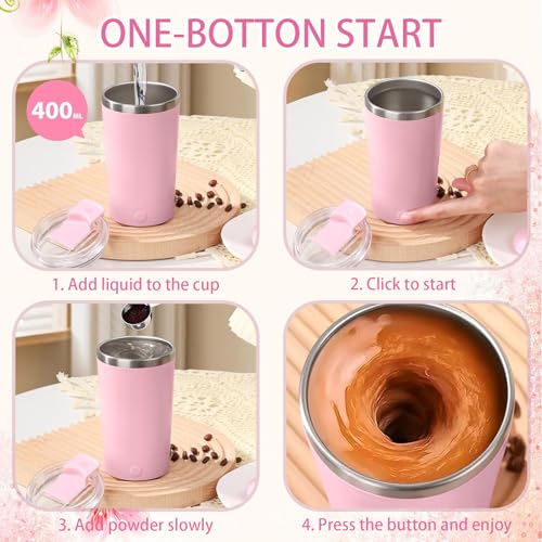 Self Stirring Mug with Lid, 13.5oz Magnetic Stirring Coffee Cup, Rechargeable 316 Stainless Steel, Auto-Mixing for Coffee, Milk, Protein Powder（Pink） - color: Pink