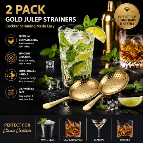 Boao 2 Pack Julep Strainers Stainless Steel Strainer Cocktail Spoon, Gold - color: Gold