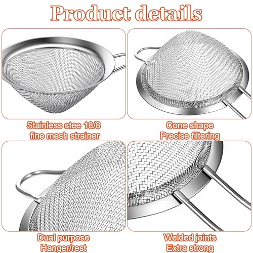 3 PCS Small Strainer, Stainless Steel Small Fine Mesh Strainer with Handle Sieve Sifter Tool for Kitchen Bar Food Loose Leaf Cocktail Juicing, Silver