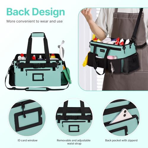 JKAOO Large Wearable Cleaning Caddy Bag with Handles, Blue Green | Adjustable Shoulder & Waist Straps, Removable, Waterproof Tote for Cleaning Supplies, Home, Car, Office - color: Blue-Green