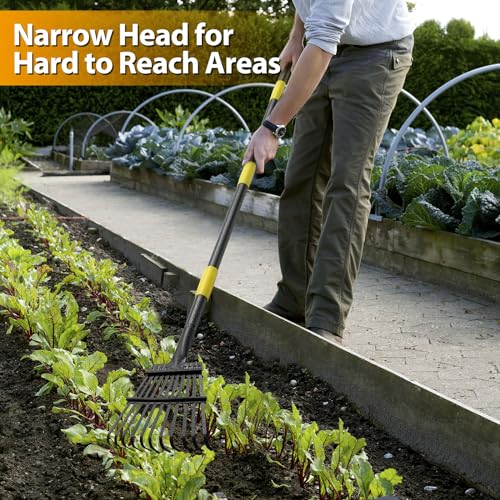 Rake, Garden Leaf Rakes for Lawns Heavy Duty, Yard Metal Rake Tools with 9" Small Narrow Rake Head, 65” Adjustable Long Handle, 11 Steel Tines, Quick Clean up Rake for Shrub, Flower Bed, Camping - style: 5 FT