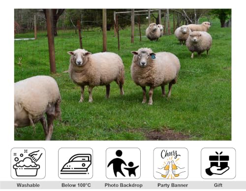 8x8ft Fabric Green Pasture Sheep Backdrop Fluffy White Wool Sheep Wire Fence Lush Grass Farmland Bright Sky Photography Background Tapestry Farm Animal Decorations Photo Booth Props - size: 8x8ft