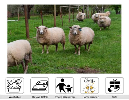 8x8ft Fabric Green Pasture Sheep Backdrop Fluffy White Wool Sheep Wire Fence Lush Grass Farmland Bright Sky Photography Background Tapestry Farm Animal Decorations Photo Booth Props - size: 8x8ft