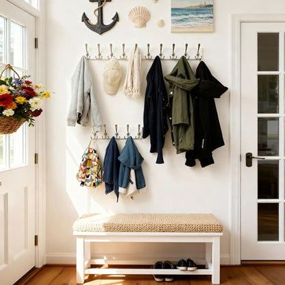 SKOLOO Creations White Solid Wood Wall Mounted Coat Rack, 10 Hooks, 38-1/8" Long - Kitchen, Mudroom, Entryway, Bathroom - Includes Mounting Hardware, Wall Coat Hanger, Towel Rack - color: Matte White Plates & Nickel Hook, size: 1 Item-10 Hooks
