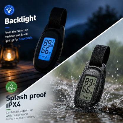 Portable Digital Thermometer Hygrometer, Mini Indoor Outdoor Temperature Humidity Monitor with Clock, Backlight & IPX4 Splash Proof, Compact Travel Thermometer for Backpack, Greenhouse, Camping