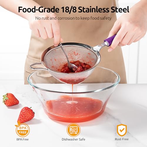 U-Taste Fine Mesh Strainer, 18/8 Stainless Steel Sieve 30 Mesh, M/Purple - color: (5) Purple, size: M-4.73in