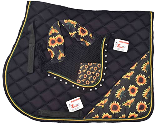 Sunflower Print Saddle Pad Set + Matching Ear Bonnet – Equestrian Riding Gear – Horse Show Accessories Dressage, Hunter/Jumper - size: COB