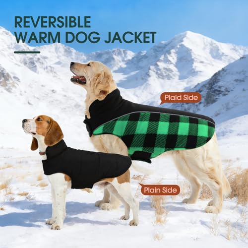 Kuoser Dog Winter Coat, Reversible Waterproof Dog Jacket with Reflective Strip, Warm Dogs Fleece Vest Adjustable Doggy Cold Weather Clothes Plaid Christmas Outfit Pet Apparel for Small Dogs, Green XS - color: Green, size: X-Small (Chest Girth: 9.4-13.8''