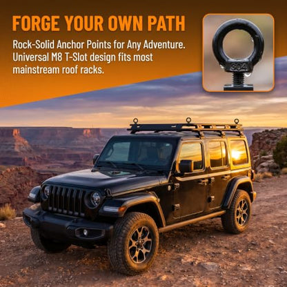 4PCS M8 T Track Tie Down Anchor Kit, 304 Stainless Steel Heavy Duty T Slot Eye Bolt with Nuts Washer, Black Ring Tie Down Rings for Roof Rack Kayak Truck Bed Bungee Cord Rope Cargo Accessories