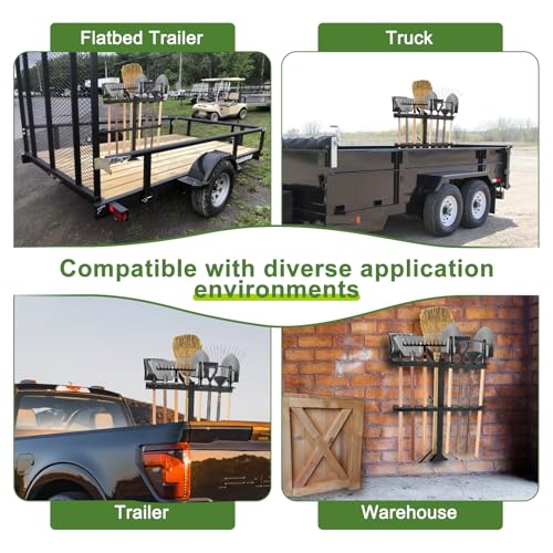 Upgraded Utility Trailer Tool Rack, 8-Hole Shovel and Rake Holder with Rubber Grommets & Brackets, Heavy-Duty Lawn Equipment Organizer for Truck and Open Trailers, Black