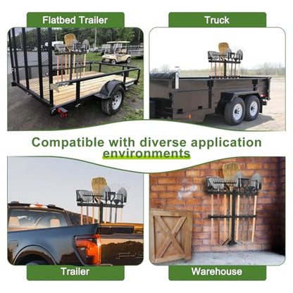 Upgraded Utility Trailer Tool Rack, 8-Hole Shovel and Rake Holder with Rubber Grommets & Brackets, Heavy-Duty Lawn Equipment Organizer for Truck and Open Trailers, Black