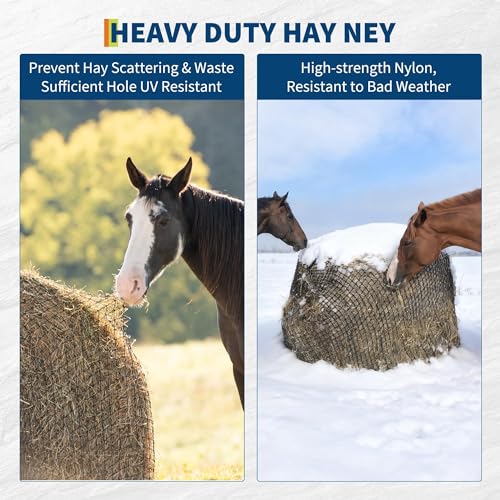 Round Bale Hay Net for Horses and Goats, 6X6 Ft Knotless Design Slow Feed Hay Net with 2'' Holes, Large Heavy Duty Slow Feeder Nets - size: 6x6FT