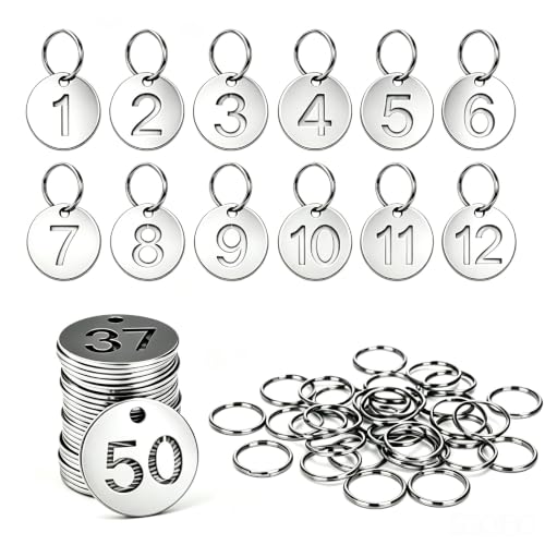 1-50 Number Tags with Rings 23mm Stainless Steel Numbered Key Tags | Round Metal Number Tags, Key Label Tags, Metal Number Labels for Dormitory Keys, Lockers, Luggage, System Identifiers