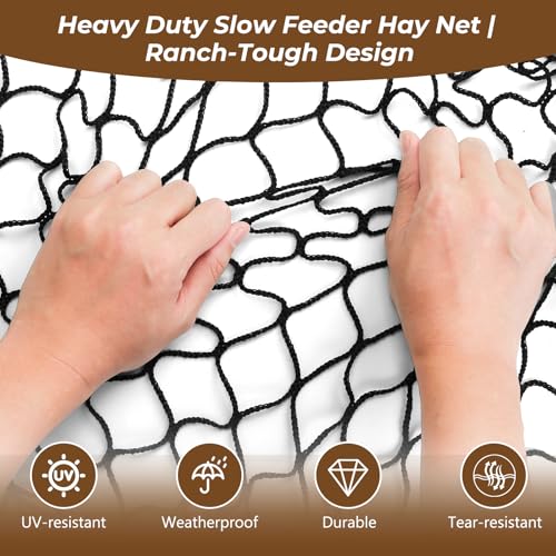 Round Bale Hay Net, 4x4 FT Heavy Duty Hay Net Slow Feeder for Horses Cattle Goats Sheep, Round Bale Polyester Pasture Stable 1.7" Hloes Design Hay Saver Durable
