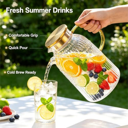 Amzcku Glass Pitcher with Lid 68oz 2L Vintage Water Carafe Beverage 1Pack - size: 68 Ounces (1 Pack)