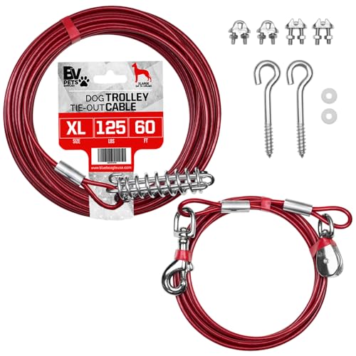 BV 60ft Aerial Pet Trolley System with 10ft Pulley Lead - Heavy Duty Dog Tie Out for Yard up to 125 lbs, Reflective Run Cable (Not a Leash, Bare End) - color: 125lbs/ 60ft/ Trolley, style: Single