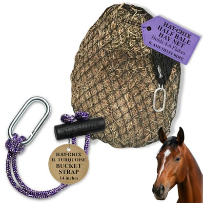 hay chix Hay Nets for Horses + Bucket Strap Bundle | 1- Half Bale Net 1 3/4” | Slow Feed Hay Bag Feeder and 1 - Bucket Strap for Hanging Water Bucket or for Barn Organization 14”, Redemption Amethyst