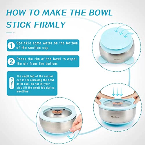 MR. CHOU Baby Bowls with Non-Slip Silicone Suction Cup, Insulated Double-Layer 18/8 Stainless Steel Toddler Bowls with BPA Free Airtight Lids, Food-Grade Silicone Safe for Kids (Blue) - color: Blue