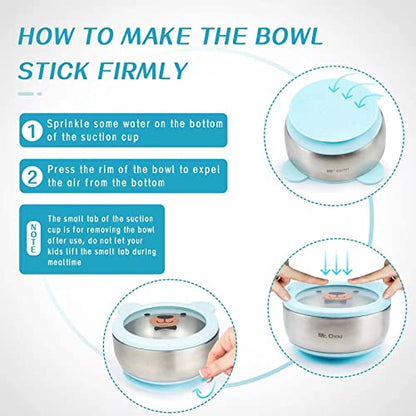 MR. CHOU Baby Bowls with Non-Slip Silicone Suction Cup, Insulated Double-Layer 18/8 Stainless Steel Toddler Bowls with BPA Free Airtight Lids, Food-Grade Silicone Safe for Kids (Blue) - color: Blue