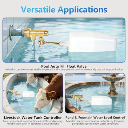 3/8" Water Float Valve, Heavy Duty 125 PSI Water Level Controller with Brass Adjustable Arm & Wingnut, 2.25 GPM Flow Pool Auto Fill Float Valve for Pools, Ponds, Fountains & Livestock Water Tanks