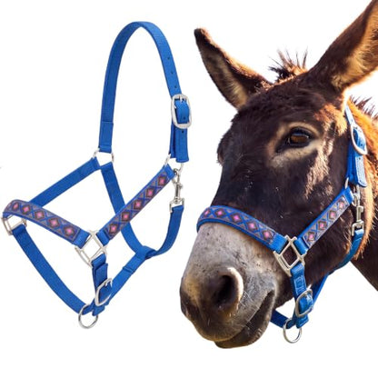 Miniature Donkey Halter, Adjustable Nylon Pony Halter with 3 Adjustable Buckles, Lightweight Small Equine for Farm Mini Horses Training, Blue, No Lead Rope Included