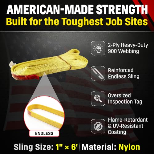 DD Sling (USA Made) 1" & 2" Widths by 4' to 12' Lengths In Listing, 2 Ply, Endless Nylon Lifting Slings, 900 webbing,, 6,400 lbs Vertical, 5,100 lbs Choker, 12,800 lbs Basket (USA Made Nylon) (1"x6') | 6,400 lb Vertical, 5,100 lb Choker, 12,800 lb Basket