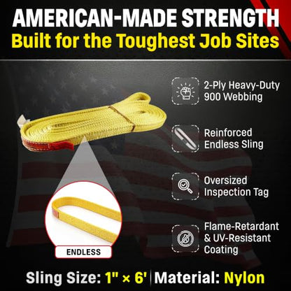 DD Sling (USA Made) 1" & 2" Widths by 4' to 12' Lengths In Listing, 2 Ply, Endless Nylon Lifting Slings, 900 webbing,, 6,400 lbs Vertical, 5,100 lbs Choker, 12,800 lbs Basket (USA Made Nylon) (1"x6') | 6,400 lb Vertical, 5,100 lb Choker, 12,800 lb Basket