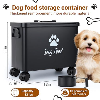 Dog Food Container 13lb, Cute Pet Food Storage with Metal Lid Scoop - color: Black-L