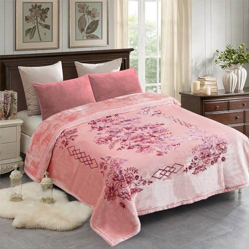 JML Raschel Fleece Heavy Blanket King, 87" x 94", Flowers Branches Pink | Korean Style, 2 Ply, A&B Printed, Embossed, Silky Soft, Cozy ,Thick, Warm for Winter - color: Flowers Branches Pink