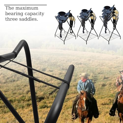 Dunatou Foldable Saddle Rack with Bottom Storage Shelf – Heavy Duty Horse Saddle Stand for English & Western Saddles, Portable Blanket Holder & Saddle Pad Rack for Tack Room, Barn & Trailer, Black