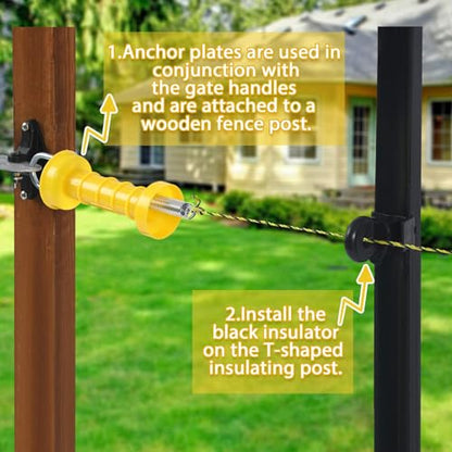 Tondiamo 2 Sets Electric Fence Gate Handle Set with Anchors and Insulators Including 2 Pcs Plastic Electric Fence Gate Handle with Spring, 4 Pieces Anchor Set, 4 Pieces Black Insulators
