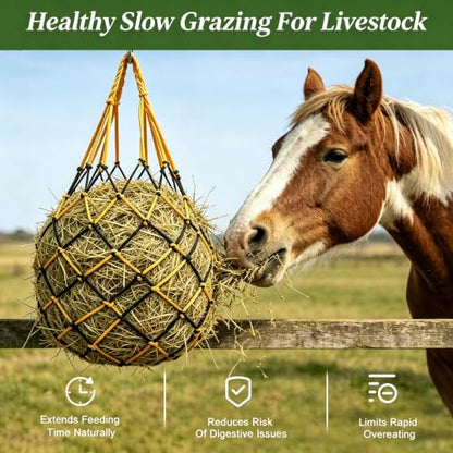 3 Pack Slow Feed Hay Nets for Horses, 25.6×23.6in Hanging Horse Hay Feeder Bags, 2.36×2.36in Mesh Polypropylene Hay Nets with Hooks & Gloves for Goat Sheep Livestock Stable Trailer Pasture